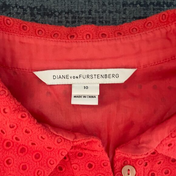 Diane von Furstenberg Collared Button up Eyelet Dress Coral Size 10 - Picture 7 of 9